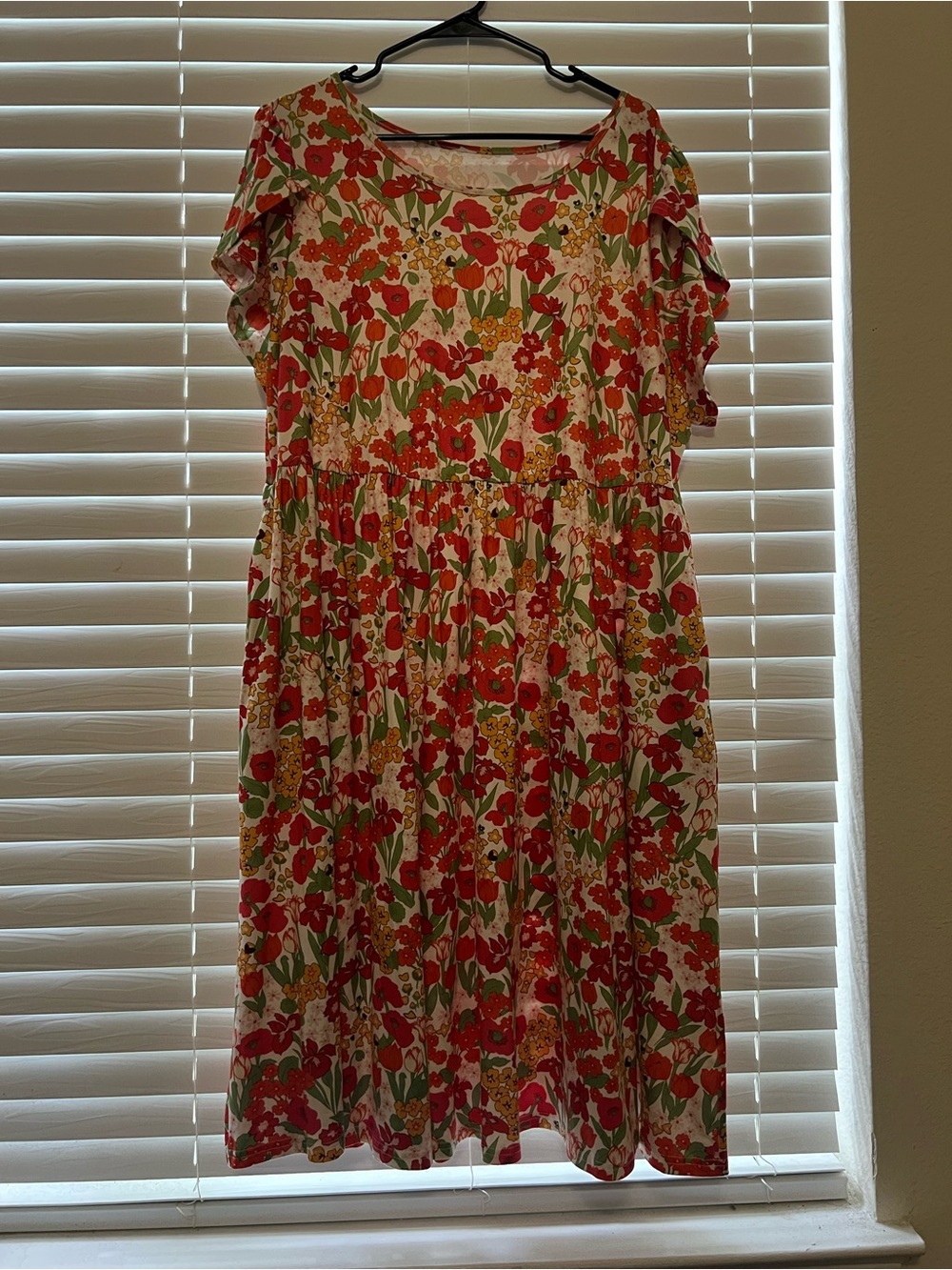 Floral Scoop-Neck Midi Dress in White with Red & Green Print
